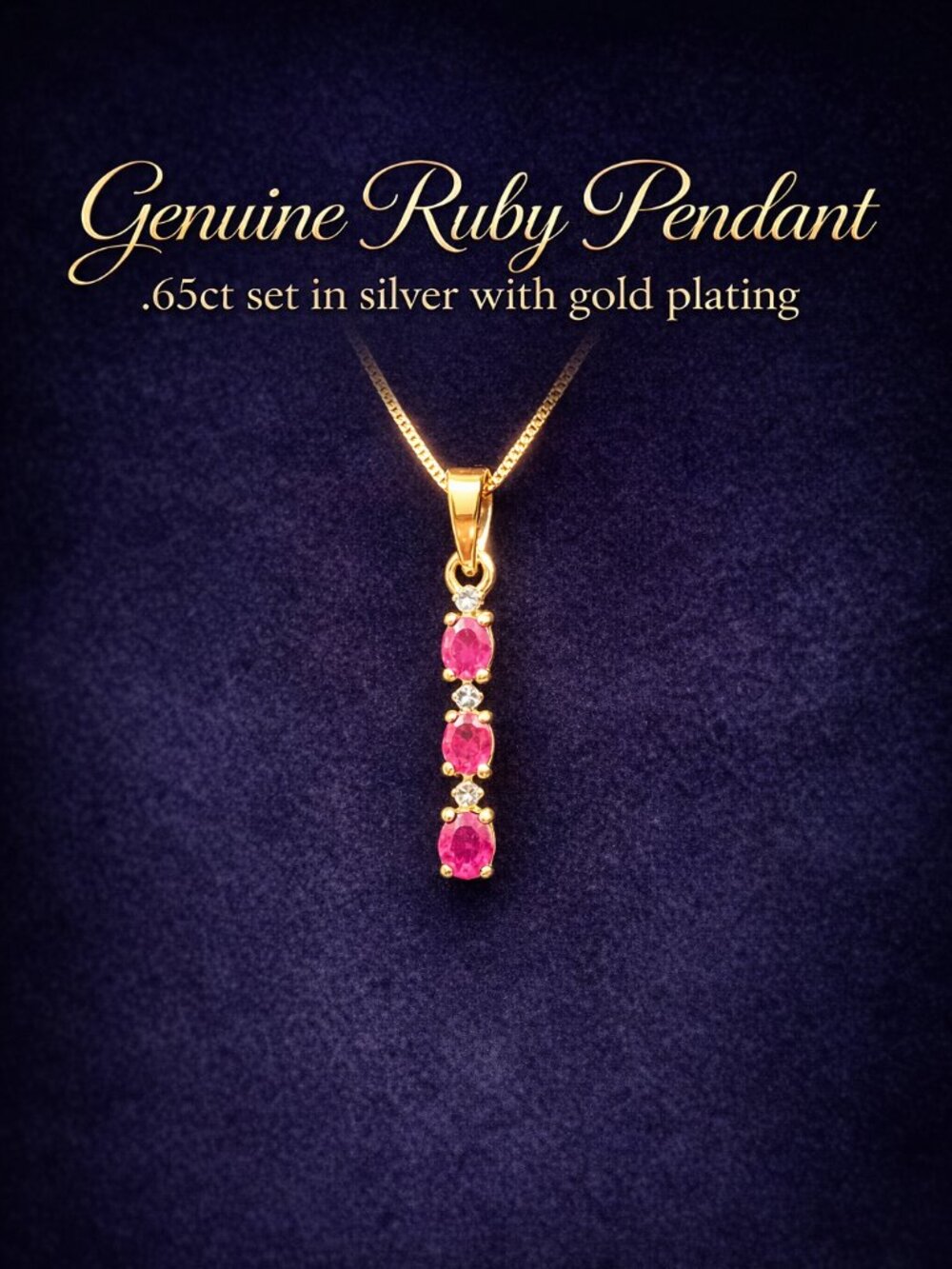 Genuine Ruby Pendant .65ct, Silver Gold Plated Vertical Ruby Drop Pendant